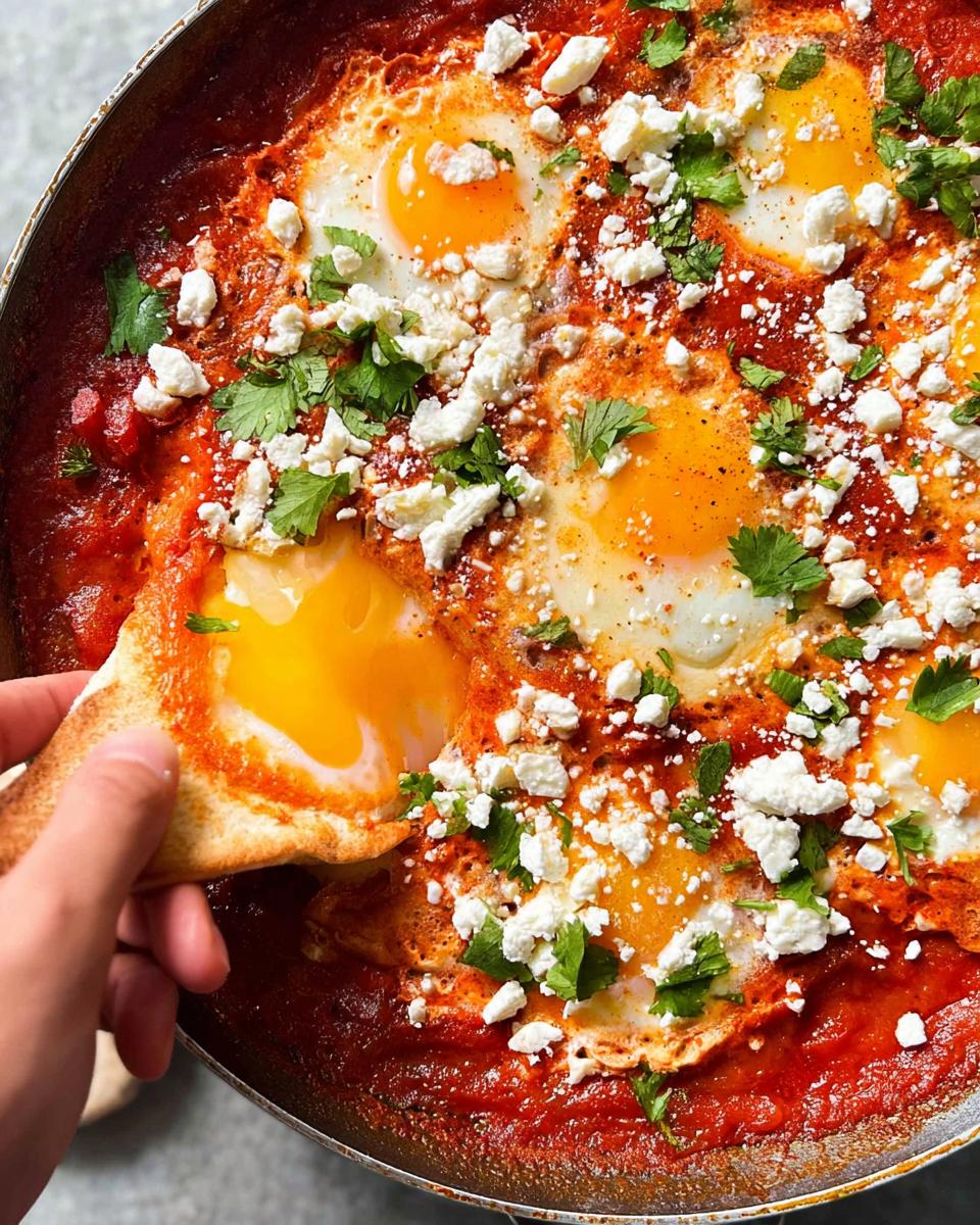 A hand dips a piece of bread into a skillet of Shakshuka, a restaurant-style egg recipe with poached eggs in tomato sauce and feta.