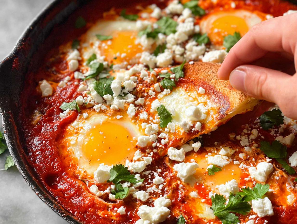 A hand dipping bread into a skillet of restaurant-style eggs, cooked in a rich tomato sauce and topped with feta cheese and cilantro.