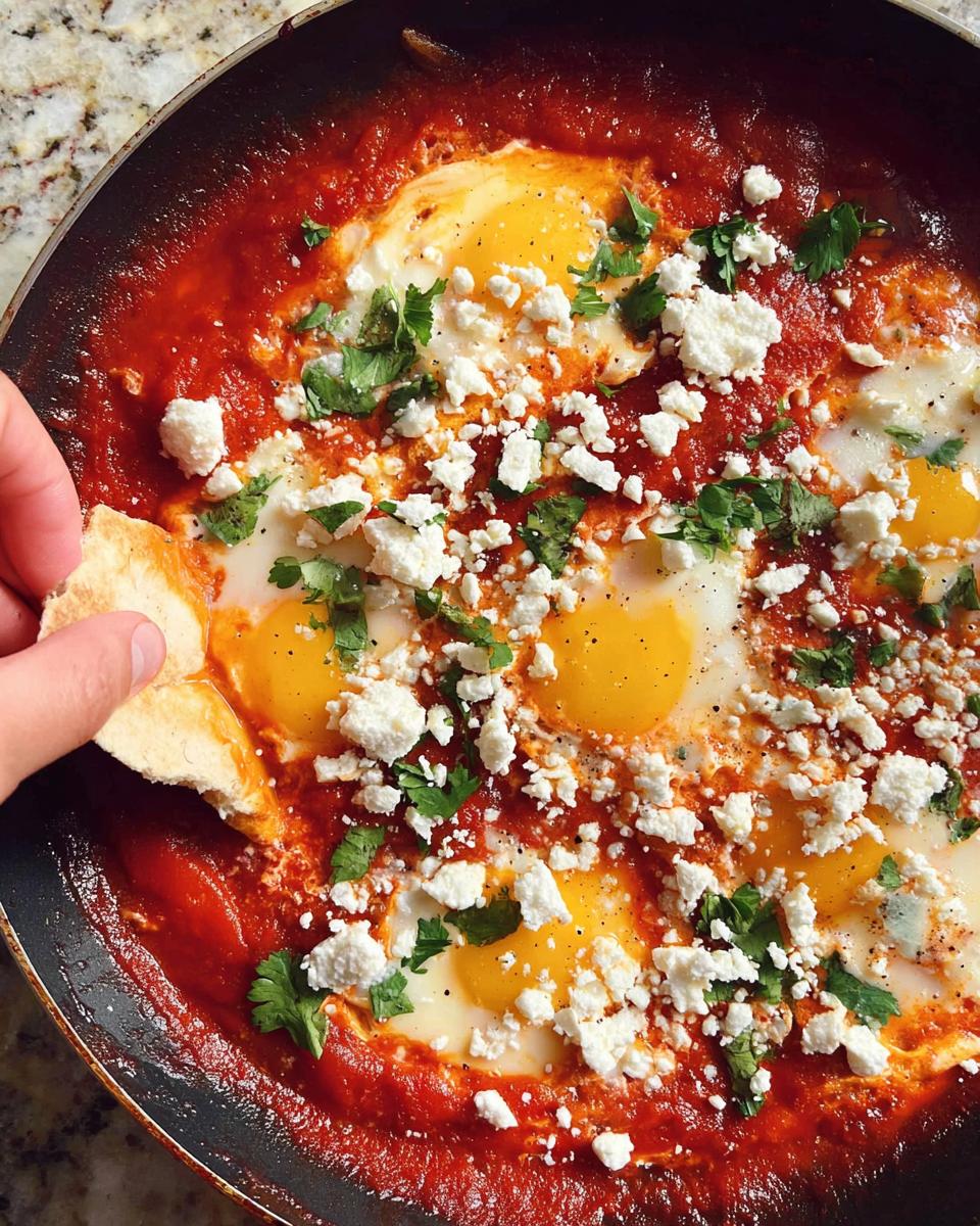 A hand dips a piece of bread into a skillet of restaurant-style eggs poached in a rich tomato sauce, topped with feta cheese and cilantro.