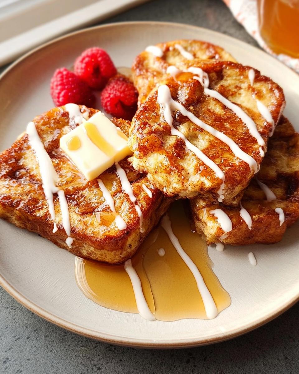 Golden brown French toast drizzled with icing and syrup, served with raspberries and butter, part of Restaurant-Style Breakfast Ideas Recipes at Home.
