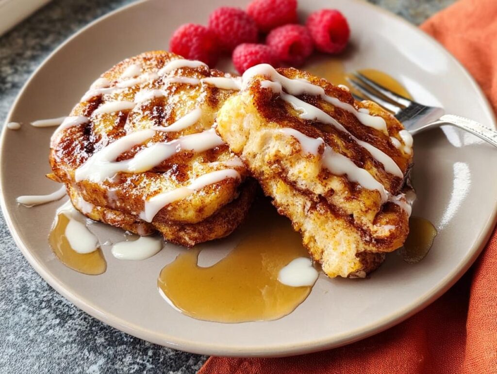 Two slices of cinnamon swirl French toast drizzled with icing and served with raspberries, a perfect restaurant-style breakfast idea.
