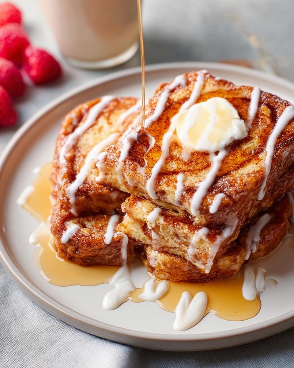 Stack of cinnamon French toast drizzled with icing and syrup, a classic restaurant-style breakfast idea.