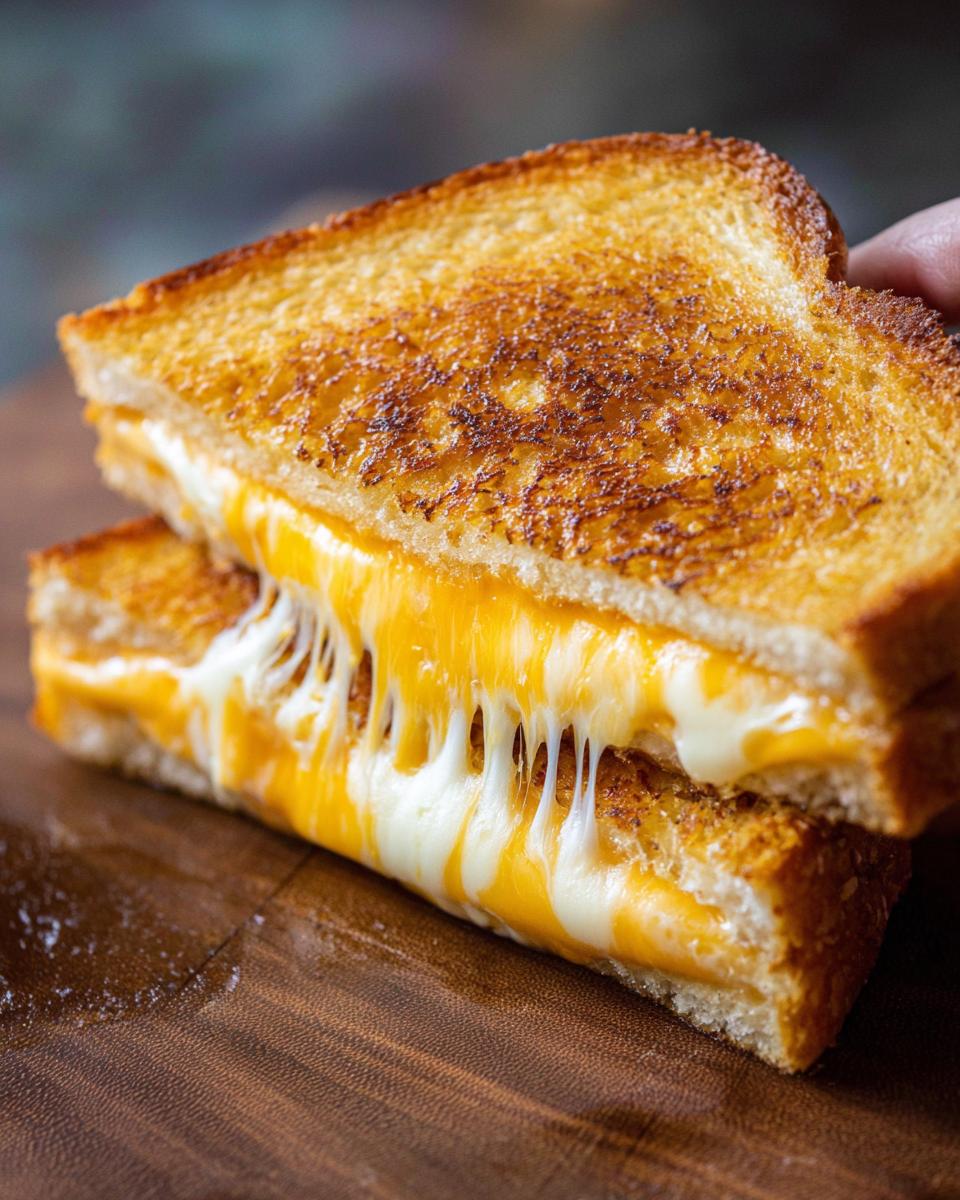 Close-up of a gourmet restaurant-style grilled cheese sandwich with perfectly golden-brown bread and gooey, melted cheese.