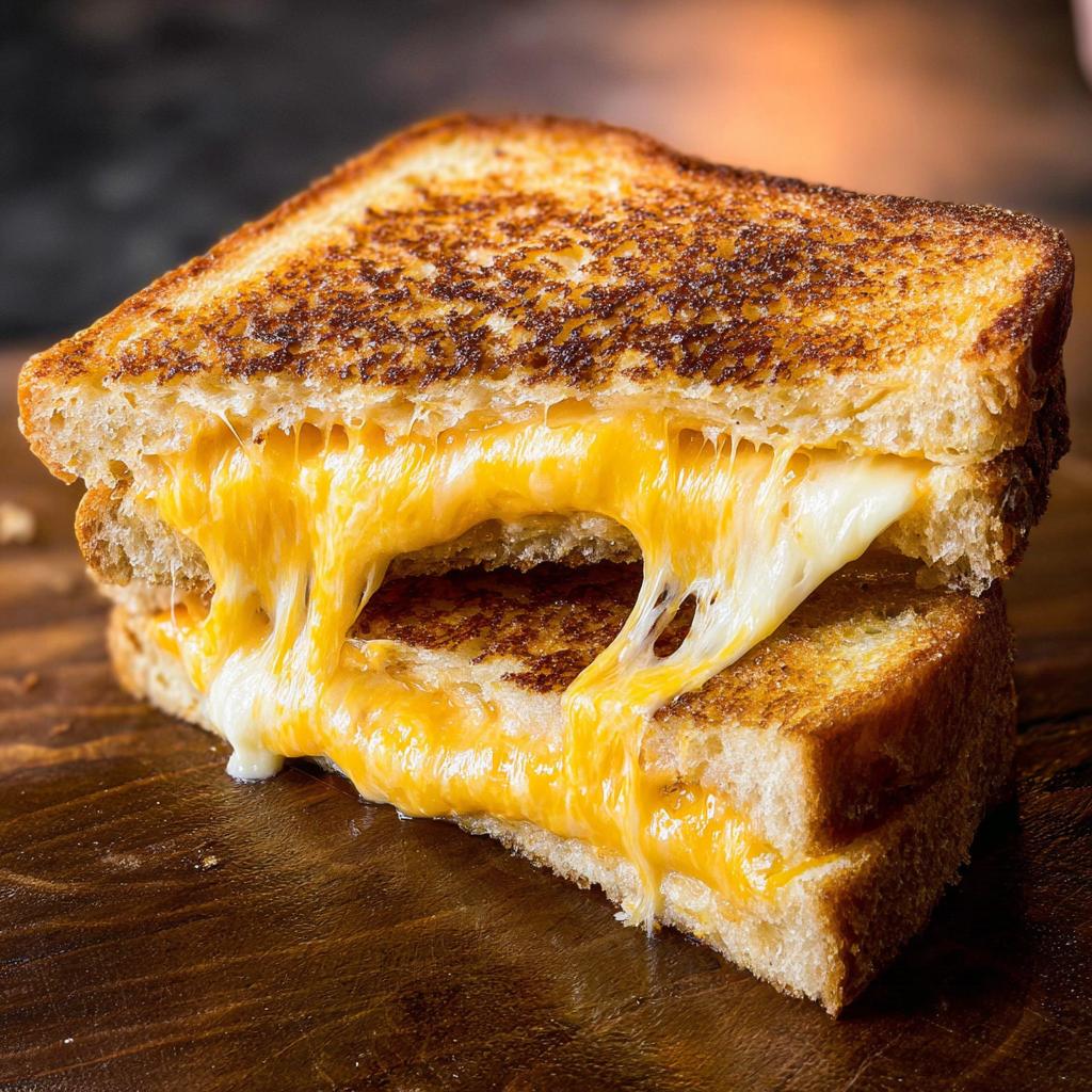 Close-up of a perfectly grilled cheese sandwich with melted cheese oozing out, showcasing restaurant-style grilled cheese recipes at home.