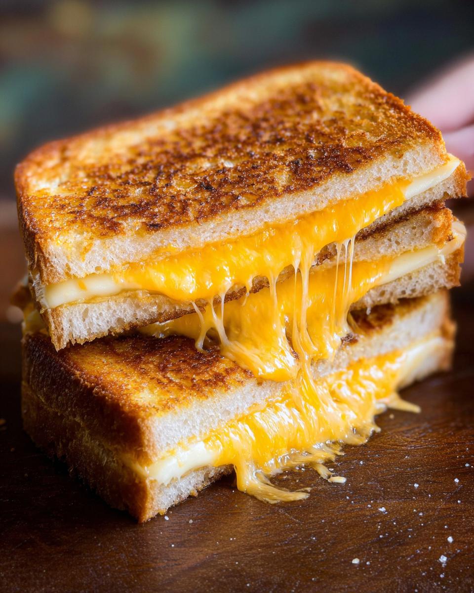 Close-up of a stacked, gooey, restaurant-style grilled cheese sandwich with melted cheese dripping.
