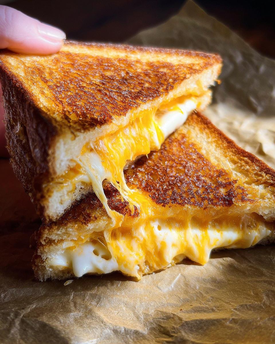 A perfectly grilled cheese sandwich cut in half, with gooey melted cheese oozing out. A restaurant-style grilled cheese recipe at home.