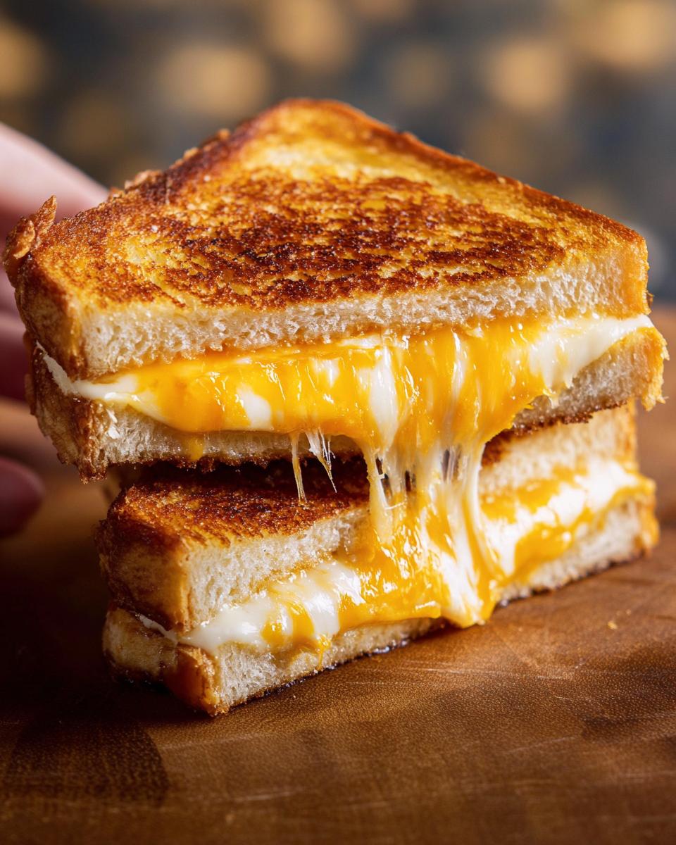 Close-up of a gooey, restaurant-style grilled cheese sandwich with melted cheese dripping out.