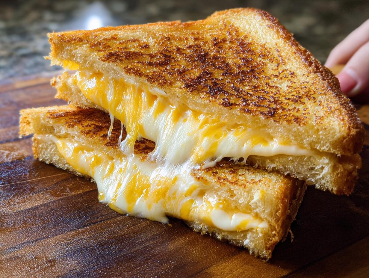 Close-up of a perfectly grilled cheese sandwich with melted cheese oozing out, a restaurant-style grilled cheese recipe.