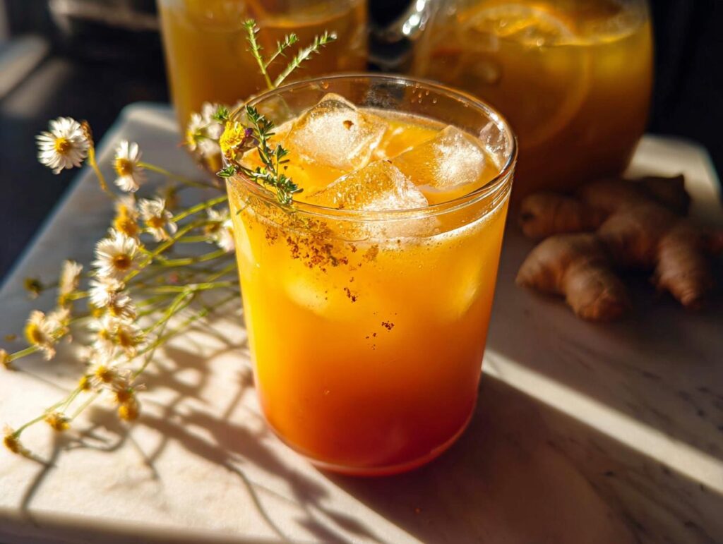 A refreshing glass of ginger turmeric drink with ice, garnished with herbs and spices, part of Restaurant-Style Healthy Meals Recipes at Home.