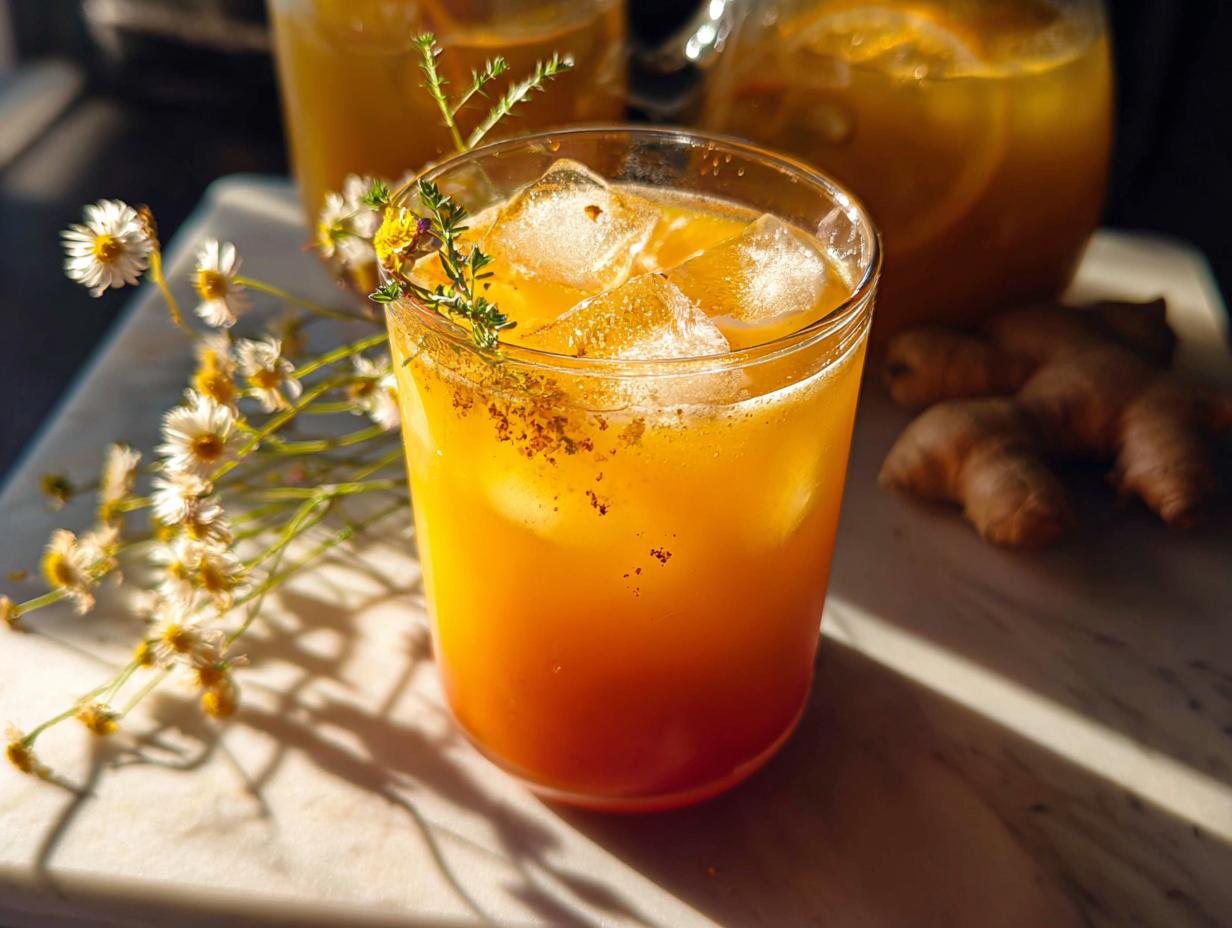A refreshing glass of ginger turmeric drink with ice, garnished with herbs and spices, part of Restaurant-Style Healthy Meals Recipes at Home.