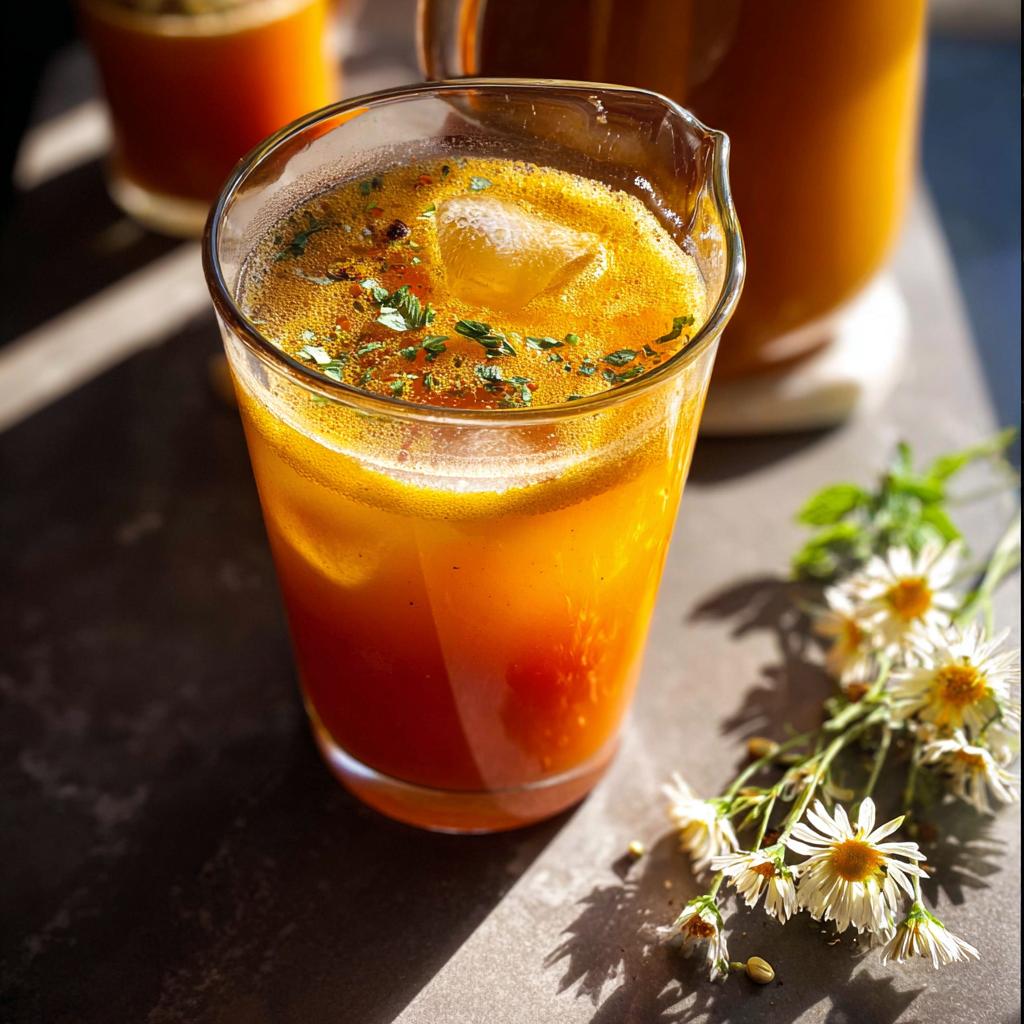 A glass of vibrant orange juice with ice and herbs, part of Restaurant-Style Healthy Meals Recipes at Home (2025).