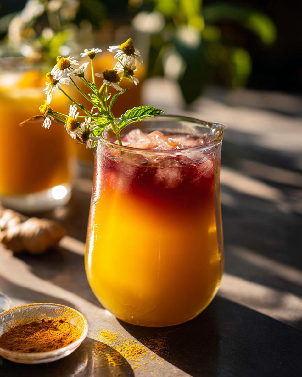 A vibrant turmeric and ginger drink with a red layer on top, garnished with chamomile flowers and mint, perfect for Restaurant-Style Healthy Meals Recipes at Home.