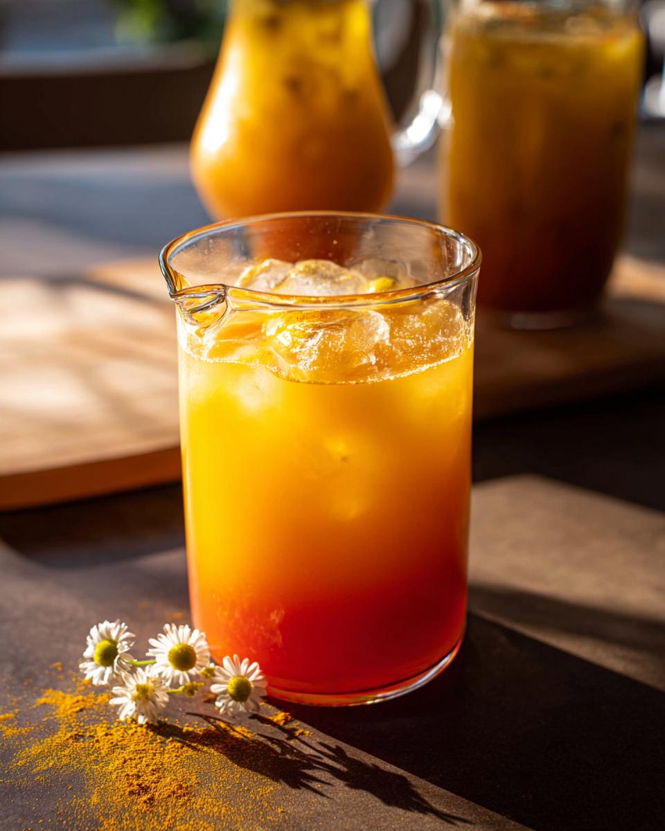 A vibrant orange and red turmeric and orange juice drink with ice, garnished with small white flowers and turmeric powder.
