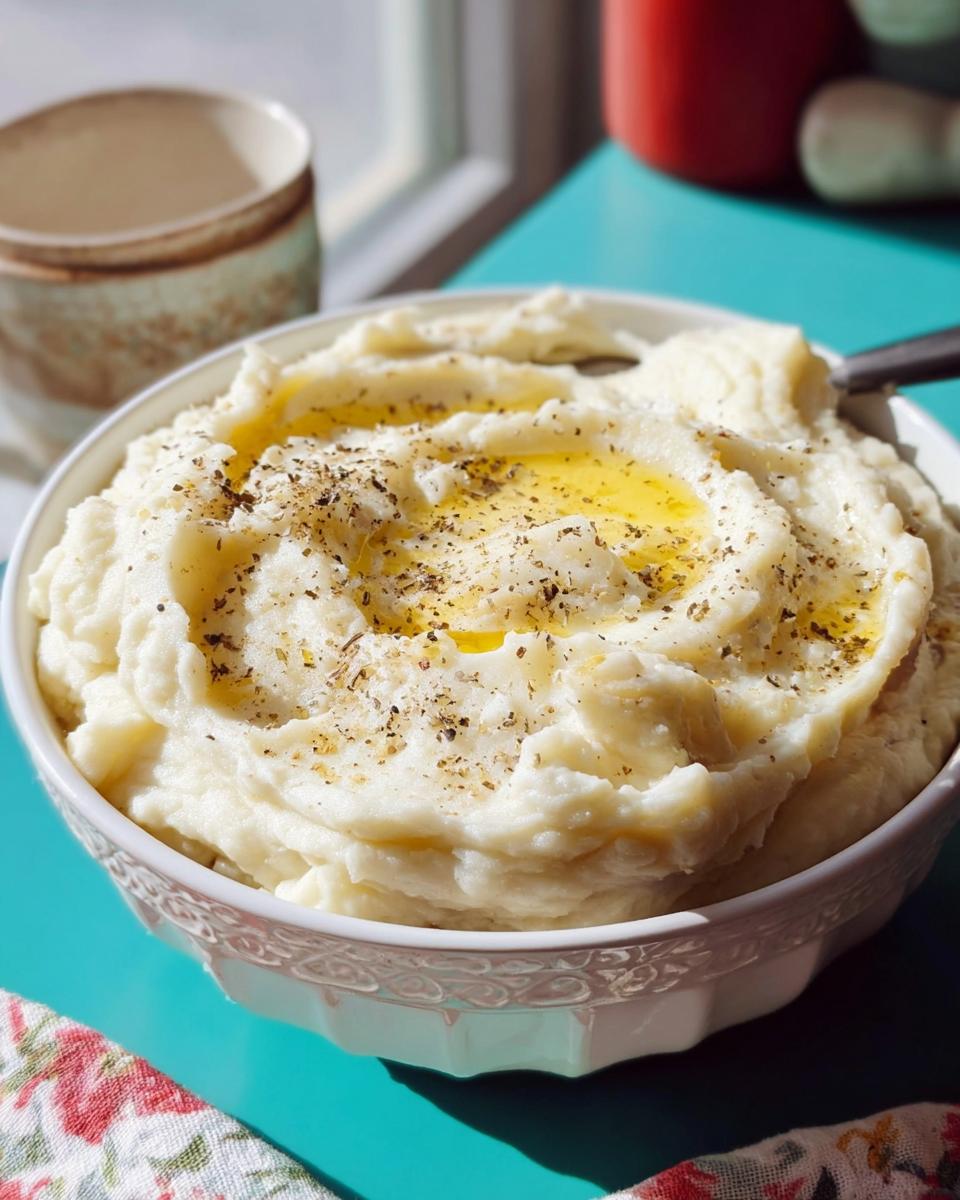 A bowl of creamy restaurant-style mashed potatoes topped with melted butter and cracked black pepper.