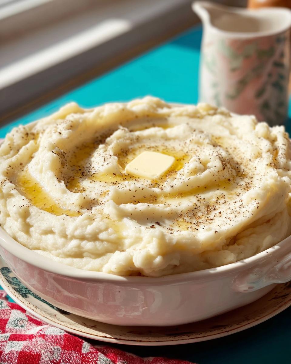 Creamy restaurant-style mashed potatoes topped with a pat of butter and cracked black pepper.