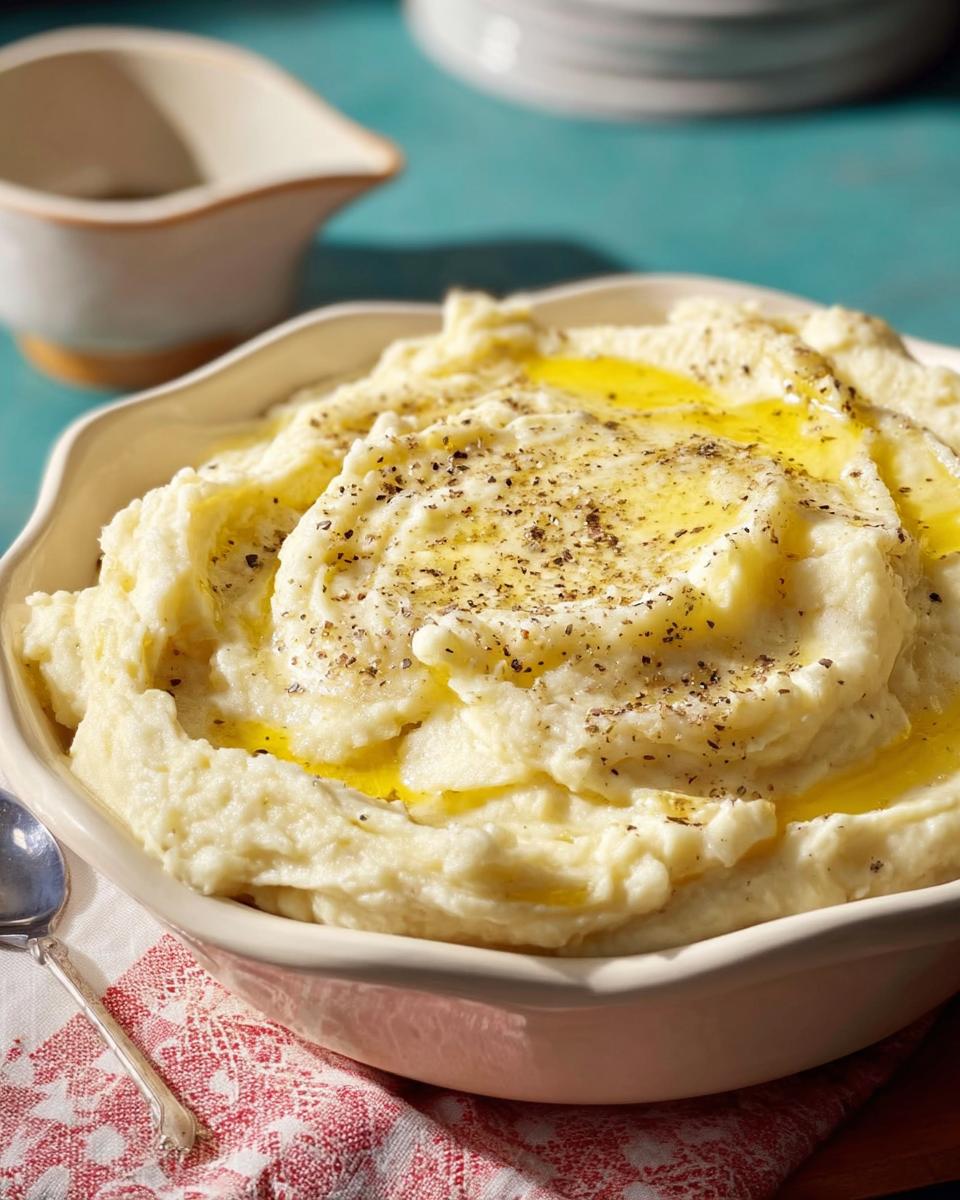 A close-up of creamy Restaurant-Style Mashed Potatoes, topped with melted butter and black pepper.