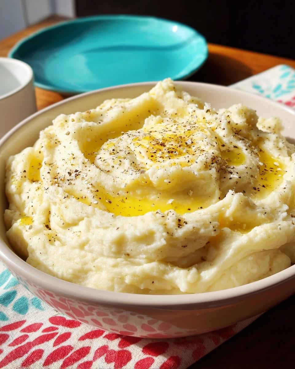 A close-up of creamy Restaurant-Style Mashed Potatoes topped with melted butter and black pepper.
