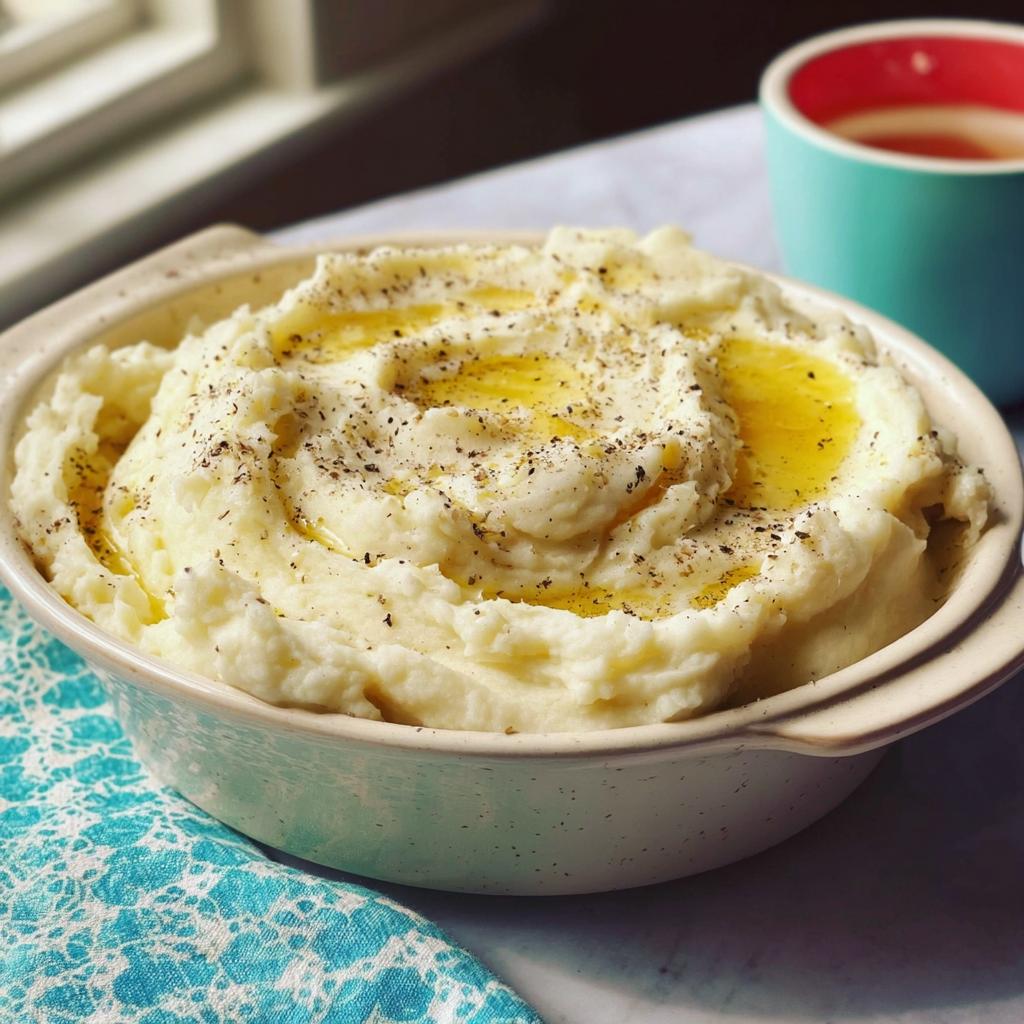 Creamy restaurant-style mashed potatoes recipe, drizzled with melted butter and cracked black pepper.