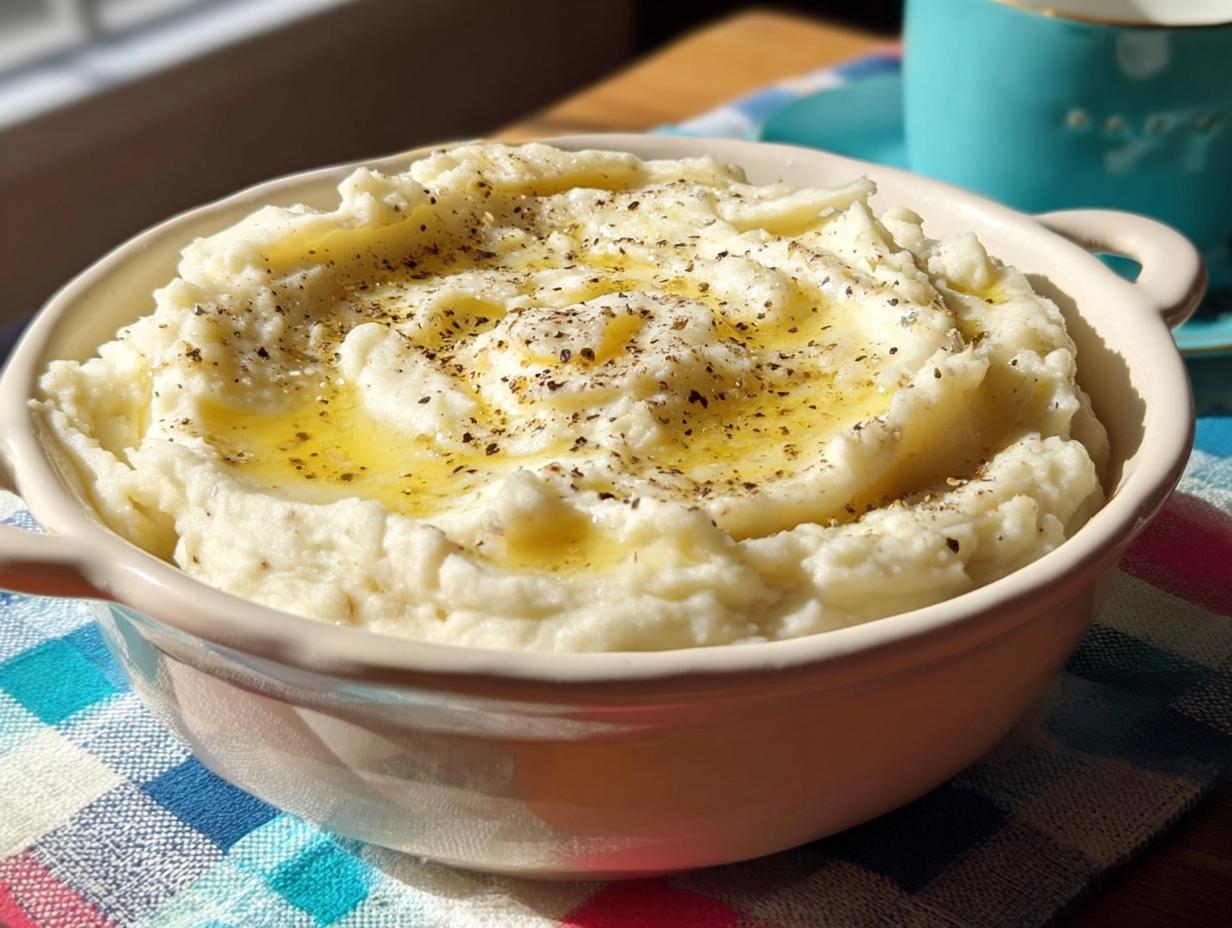 A close-up of creamy Restaurant-Style Mashed Potatoes topped with melted butter and black pepper in a bowl.