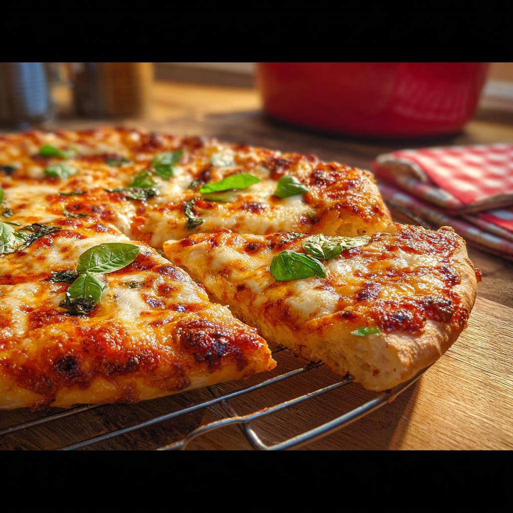 Close-up of a freshly baked restaurant-style pizza with melted cheese and basil, perfect for pizza night recipes at home.