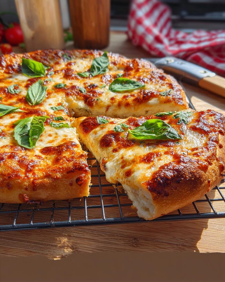 A freshly baked restaurant-style pizza with melted cheese and basil leaves, sliced and ready to serve.