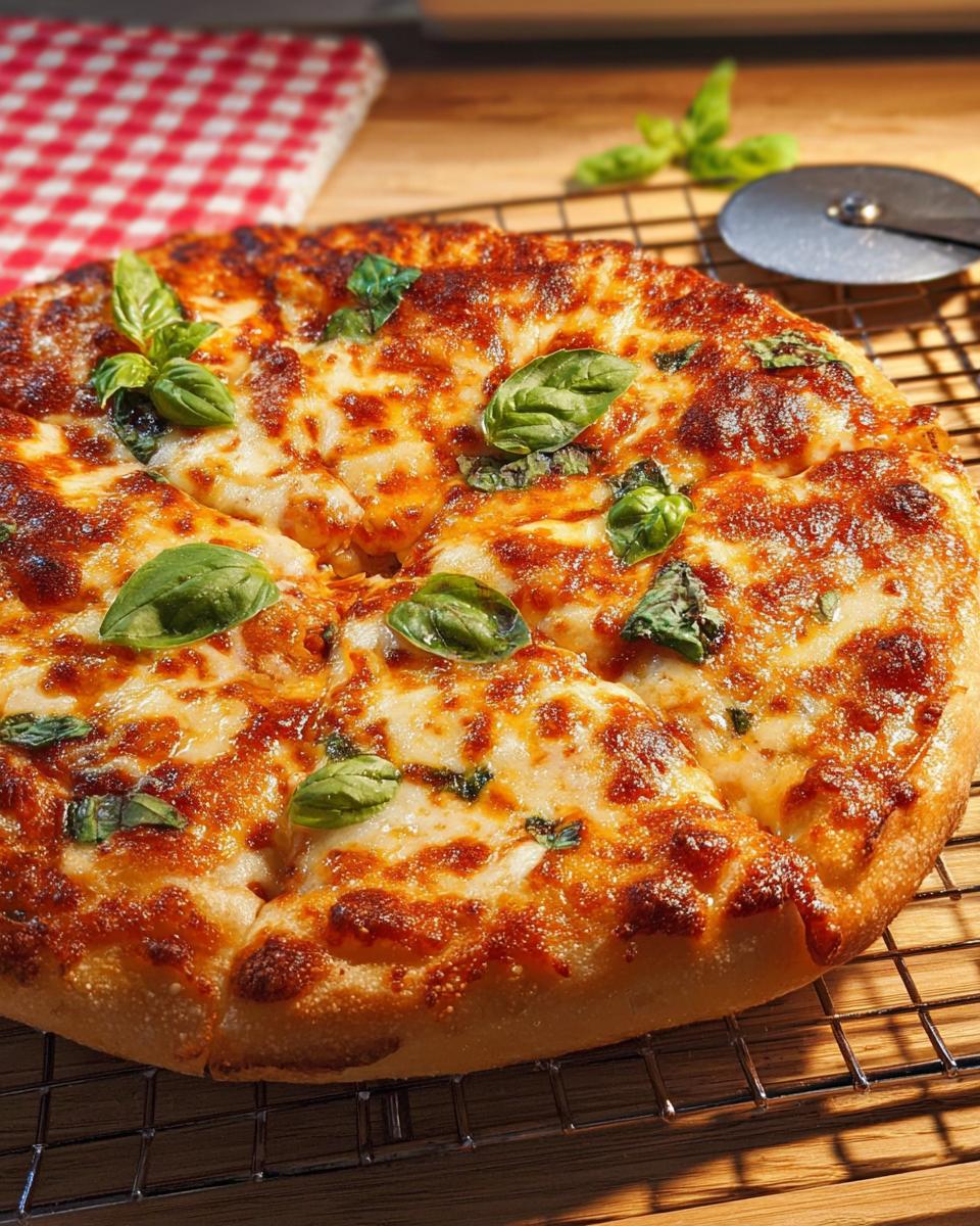 A freshly baked cheese pizza with basil leaves, ready for a restaurant-style pizza night at home.