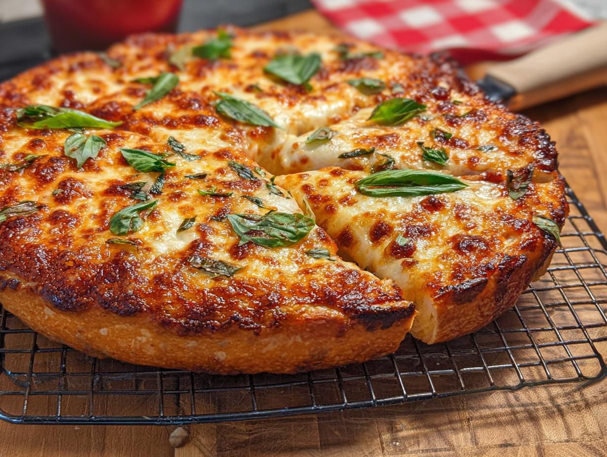 A golden-brown, cheesy pizza with fresh basil, perfect for restaurant-style pizza night at home.