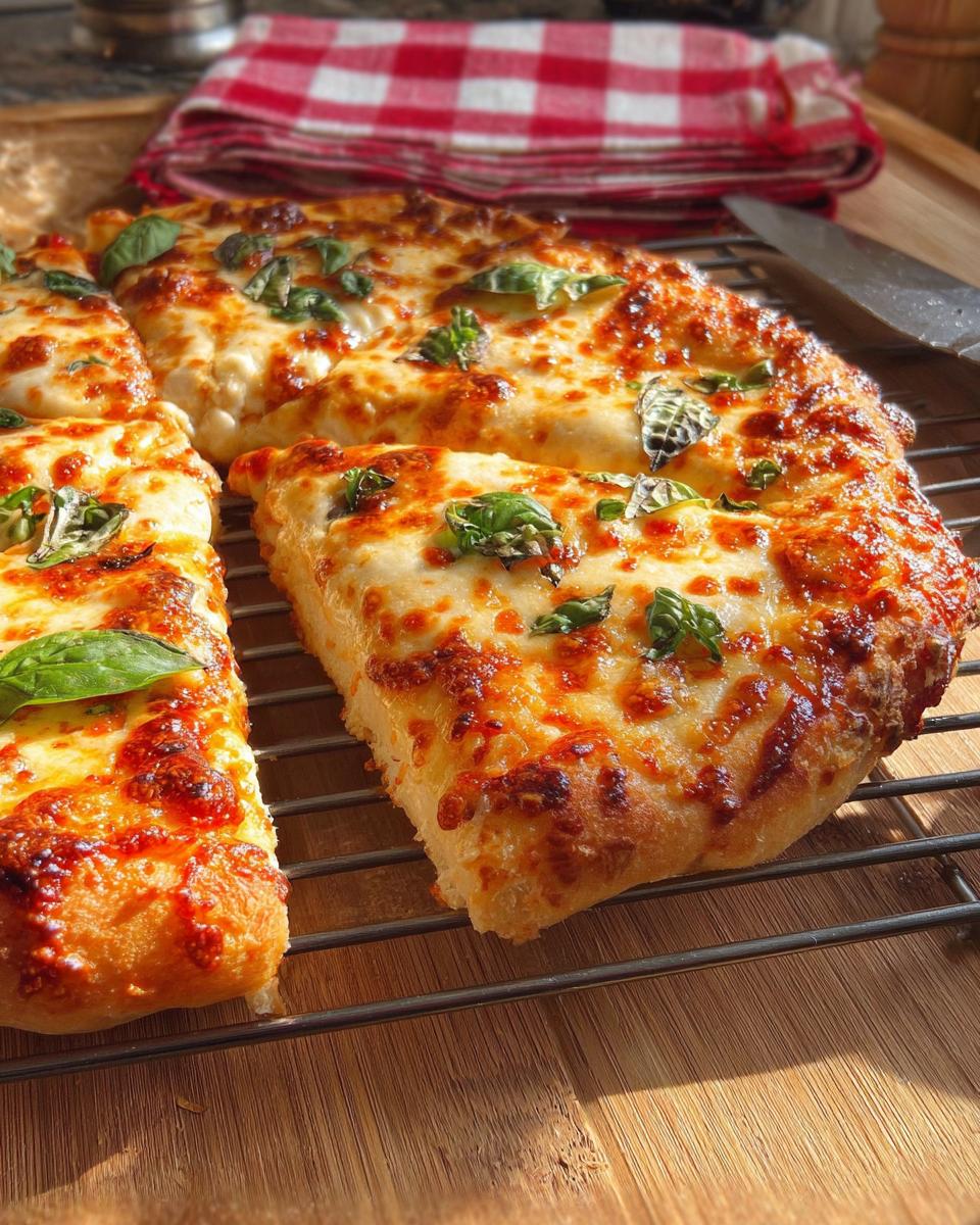 Close-up of freshly baked restaurant-style pizza slices with melted cheese and basil, perfect for pizza night recipes at home.