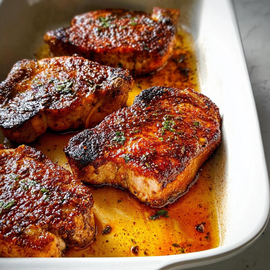 Four juicy, pan-seared pork chops seasoned with spices and herbs, resting in a white baking dish with pan juices.