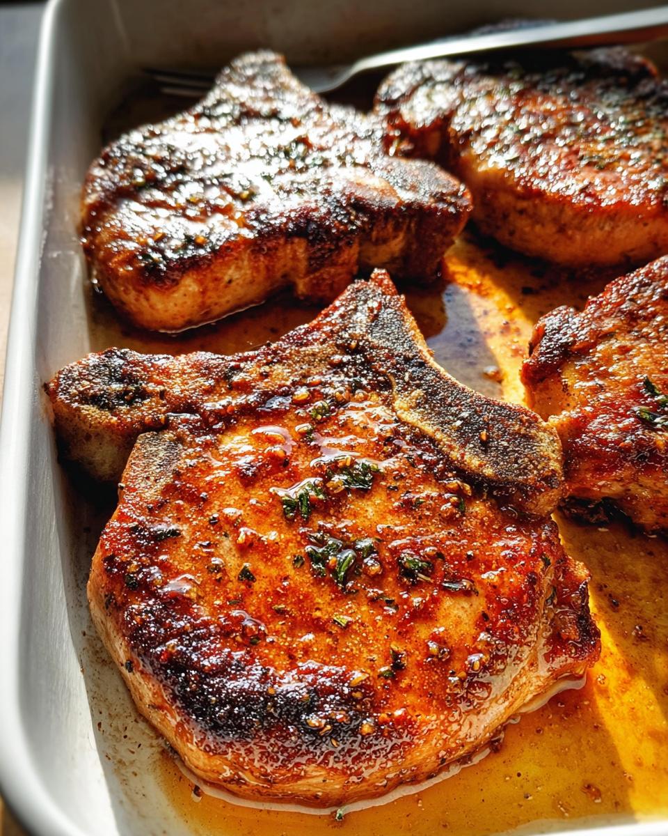 Close-up of juicy, pan-seared restaurant-style pork chops with a glossy glaze and herbs.