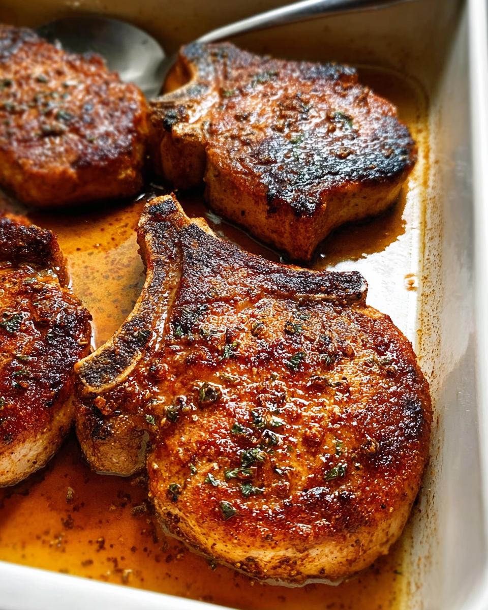Close-up of juicy, pan-seared restaurant-style pork chops in a white baking dish with savory sauce.