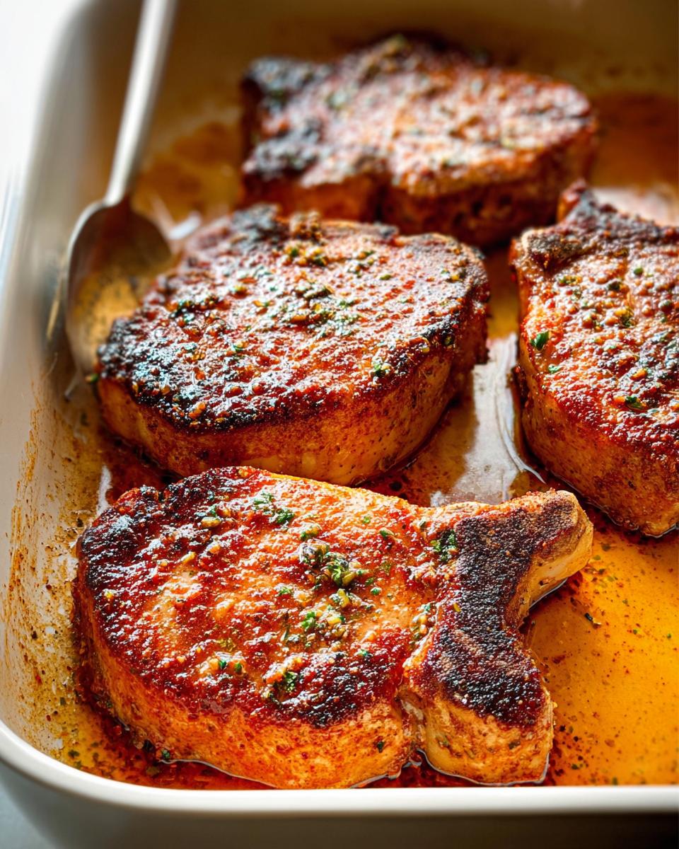 Close-up of juicy, pan-seared restaurant-style pork chops with a flavorful glaze and herbs.