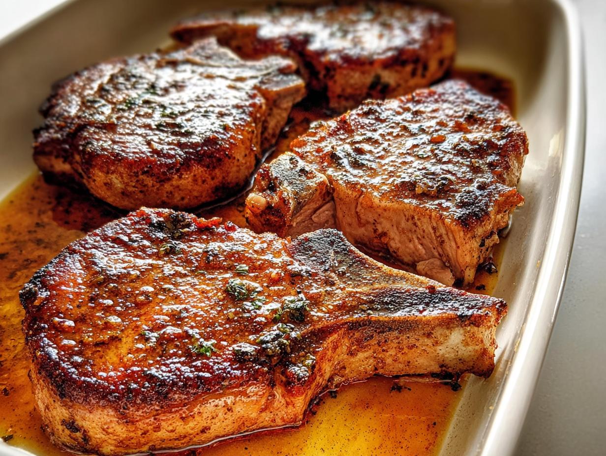Juicy, pan-seared restaurant-style pork chops in a savory sauce, garnished with herbs.