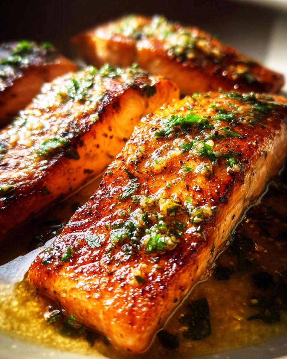 Four perfectly cooked salmon fillets with a golden-brown crust, drizzled with a buttery herb sauce, showcasing restaurant salmon recipes at home.