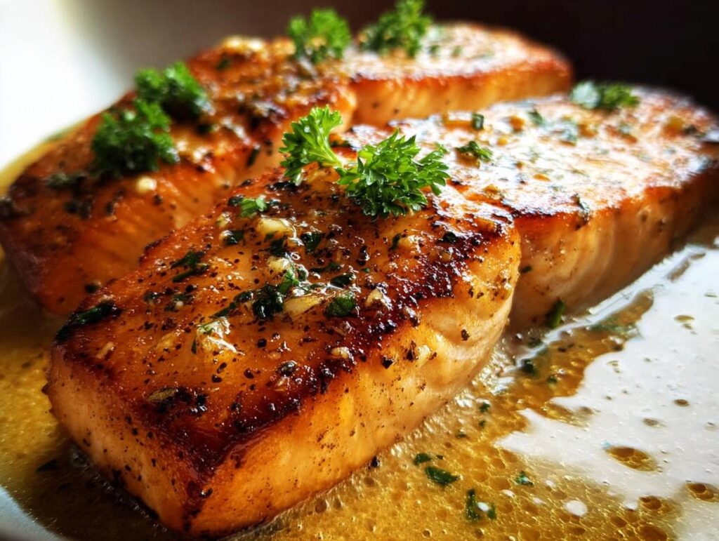 Close-up of three pan-seared salmon fillets, glistening with butter sauce and garnished with fresh parsley. Restaurant-Style Salmon Recipes at Home.