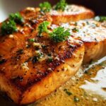 Close-up of three pan-seared salmon fillets, glistening with butter sauce and garnished with fresh parsley. Restaurant-Style Salmon Recipes at Home.