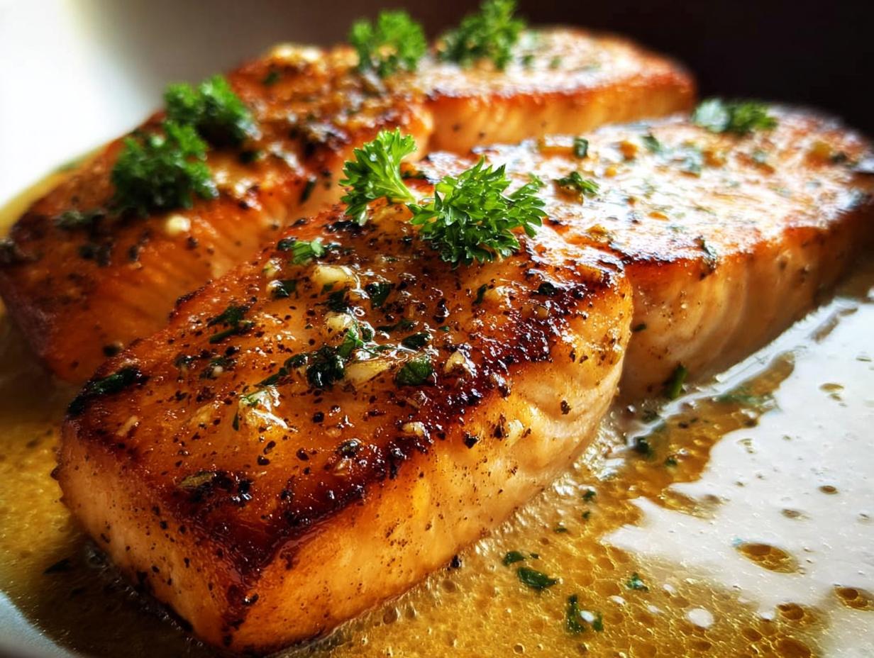 Close-up of three pan-seared salmon fillets, glistening with butter sauce and garnished with fresh parsley. Restaurant-Style Salmon Recipes at Home.