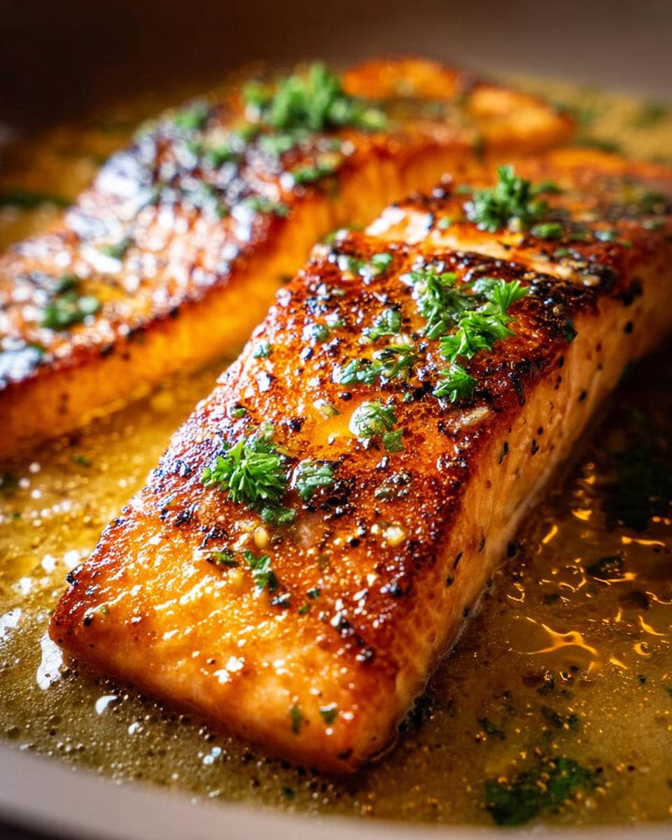 Close-up of perfectly cooked salmon fillets with a golden-brown crust, drizzled in butter sauce and garnished with fresh parsley.
