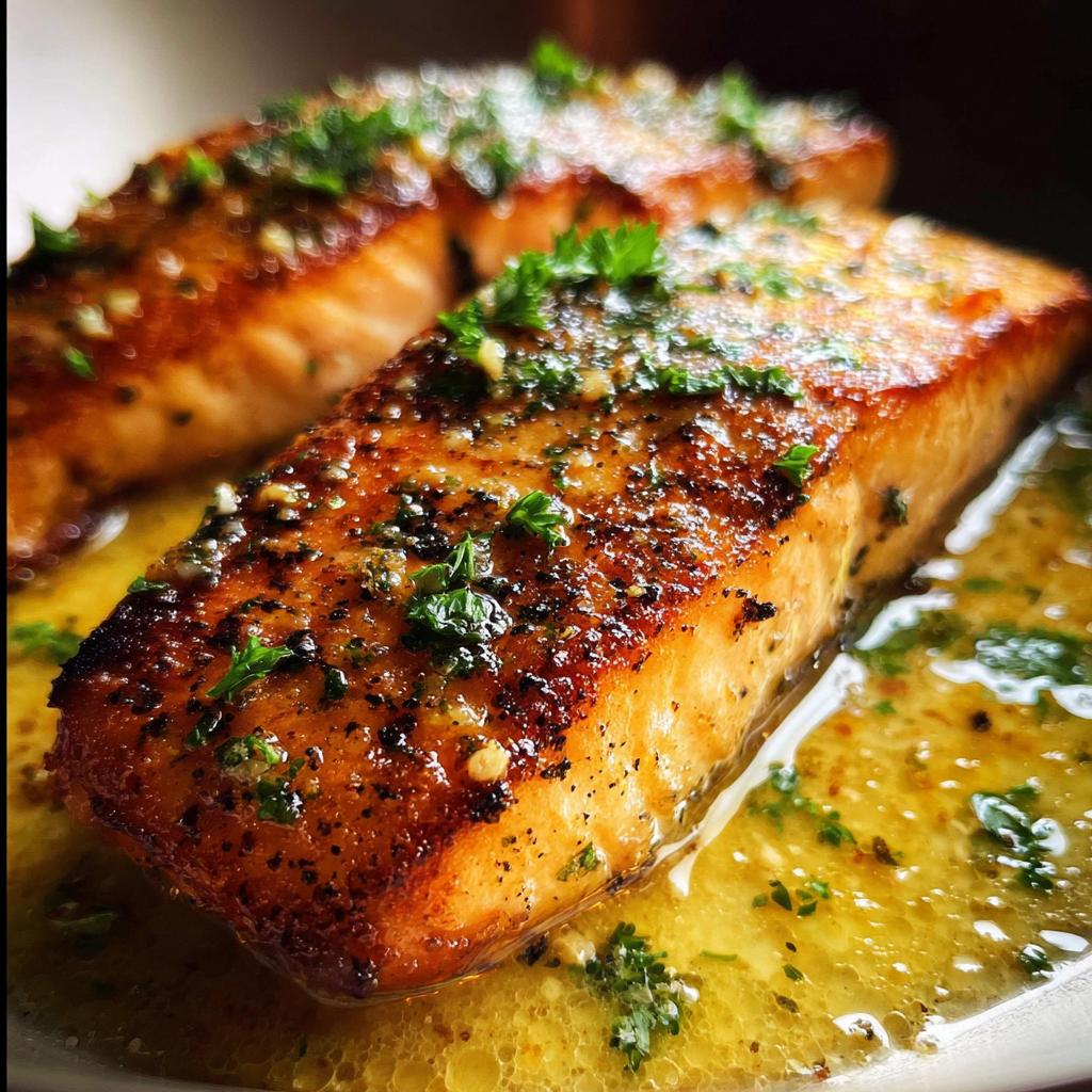 Close-up of a perfectly cooked salmon fillet with a golden-brown crust, drizzled in butter sauce and garnished with fresh parsley.