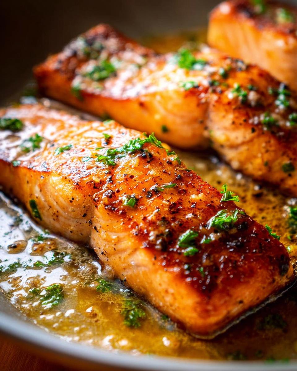 Close-up of perfectly cooked restaurant-style salmon fillets in a buttery sauce with fresh parsley.