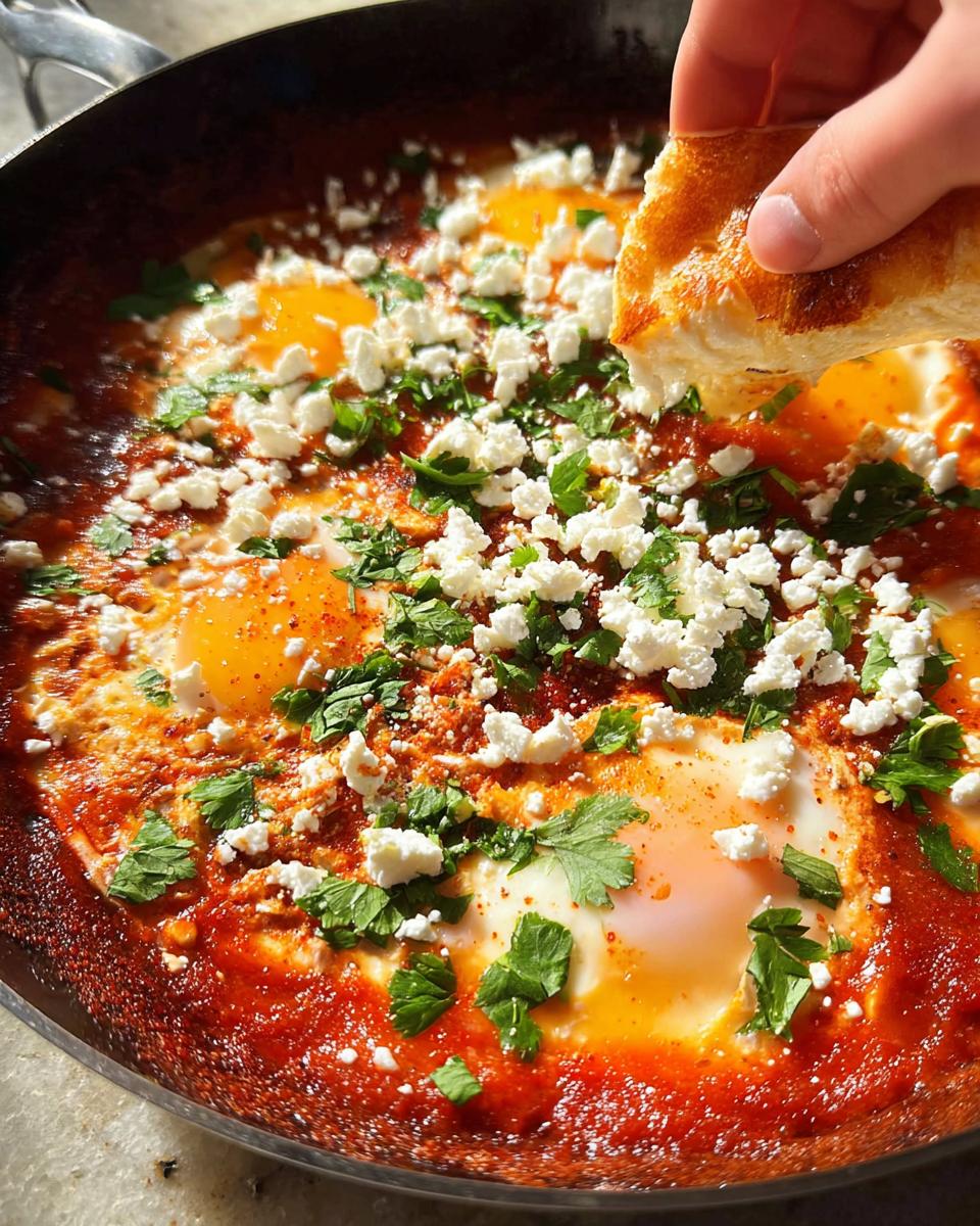 A hand dips bread into a skillet of restaurant-style shakshuka eggs, topped with feta and herbs.