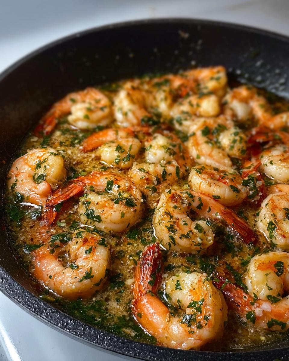 Close-up of succulent shrimp cooked in garlic butter sauce with fresh parsley, a perfect restaurant-style shrimp recipe.