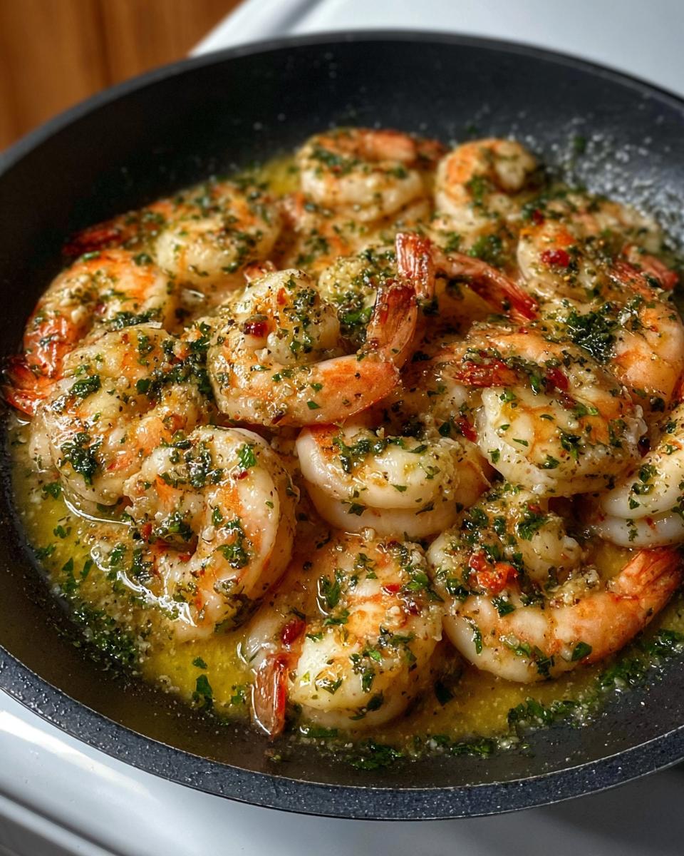 Close-up of succulent shrimp cooked in garlic butter sauce, a perfect restaurant-style shrimp recipe at home.