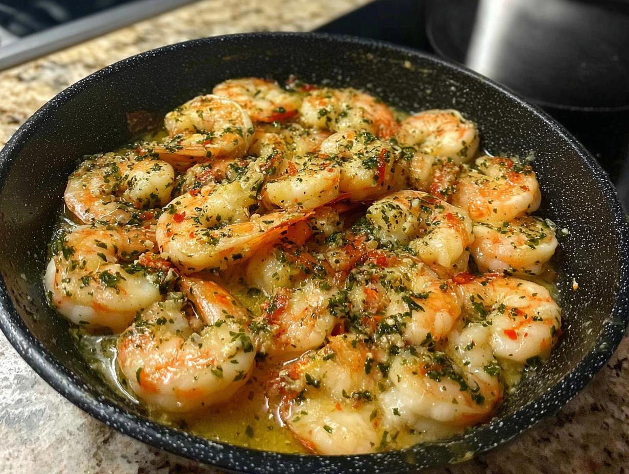 Close-up of a pan filled with glistening garlic butter shrimp, seasoned with herbs, perfect for restaurant-style shrimp recipes at home.