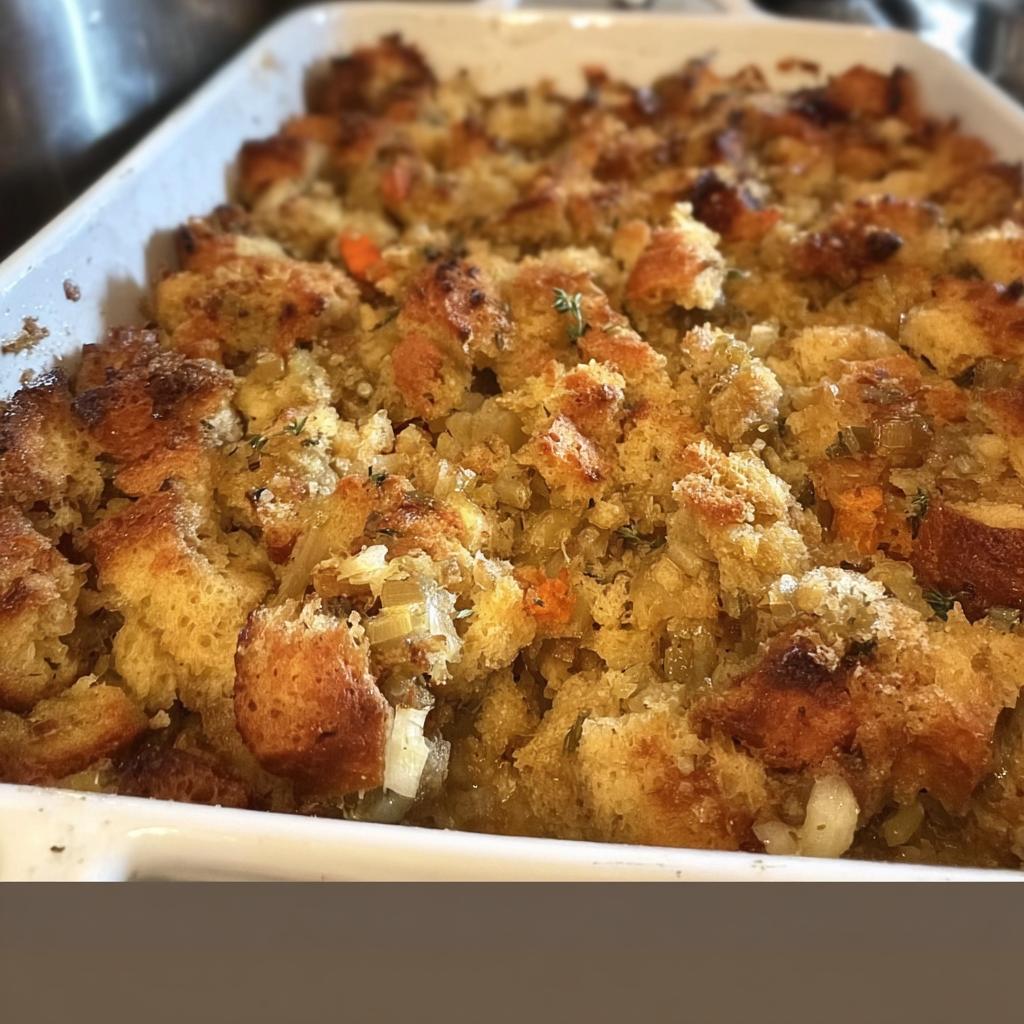 Close-up of a baked dish of restaurant-style stuffing, featuring golden-brown bread cubes, visible vegetables, and herbs.