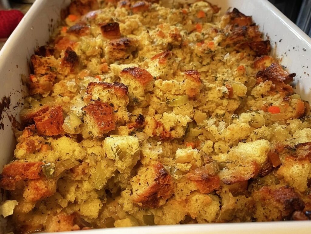 Close-up of a baked restaurant-style stuffing recipe at home, featuring golden-brown bread cubes and visible vegetables.