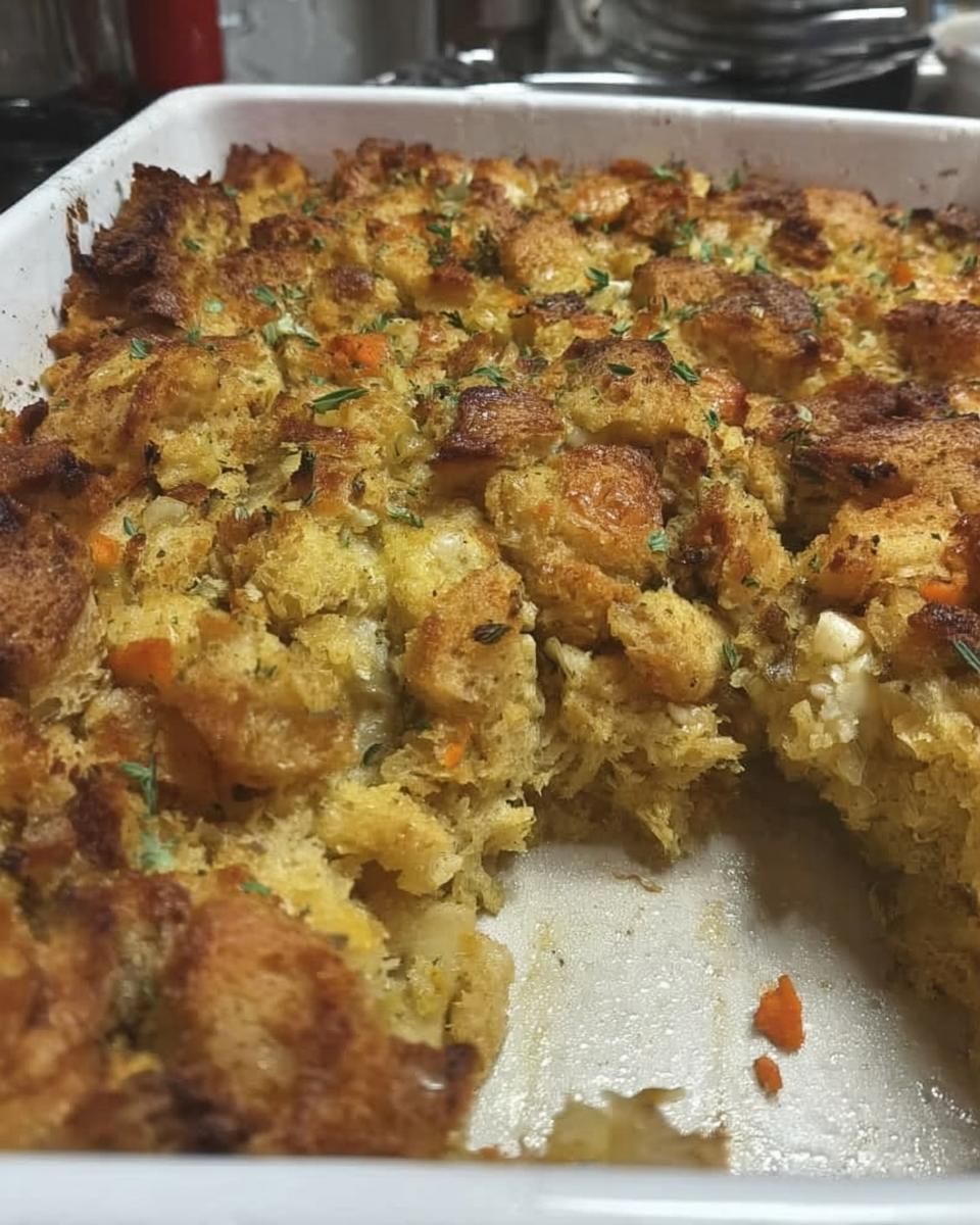 A close-up of a freshly baked restaurant-style stuffing recipe at home in a white baking dish.