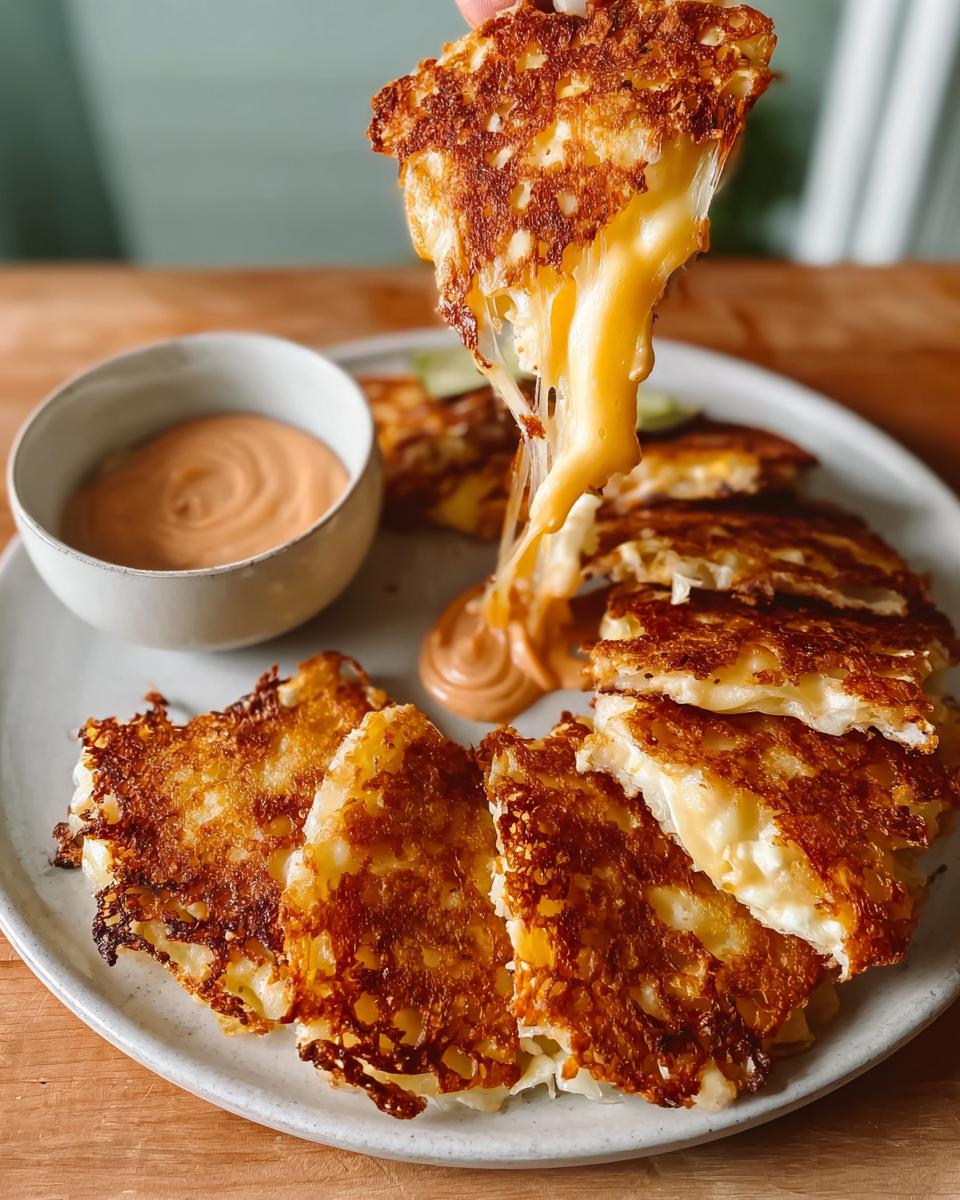 A hand pulling a cheesy, crispy cheese crisp, part of a plate of cheese crisps with a dipping sauce, for Restaurant-Style Taco Tuesday Recipes at Home.