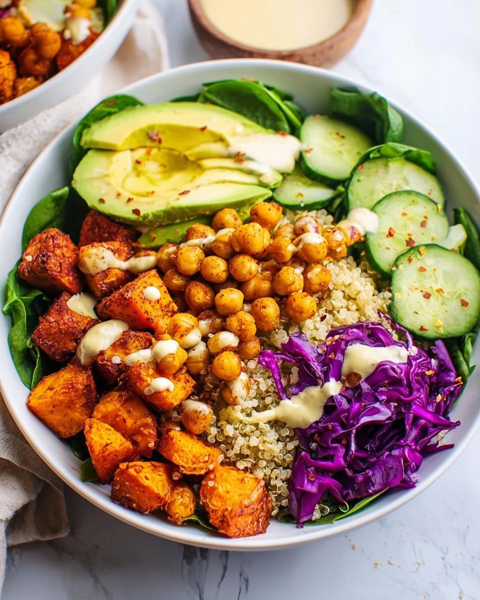 A vibrant and healthy rice bowl recipe featuring quinoa, roasted sweet potatoes, chickpeas, avocado, cucumber, and red cabbage.