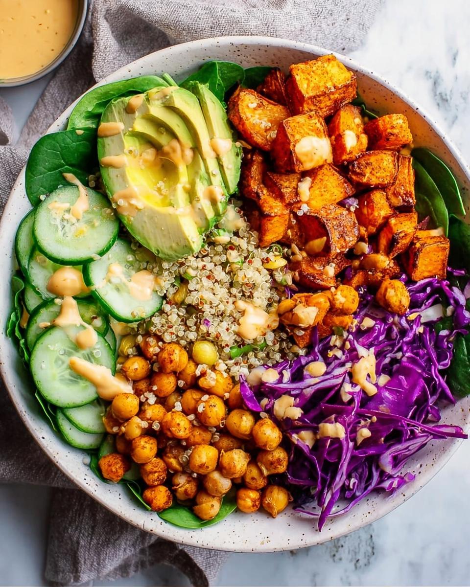 A vibrant and healthy rice bowl recipe featuring quinoa, roasted sweet potatoes, chickpeas, avocado, cucumber, and red cabbage.